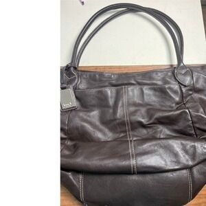 Tignanello Brown Leather Tote Bag Hobo Shoulder Bag With Colorful Striped Lining